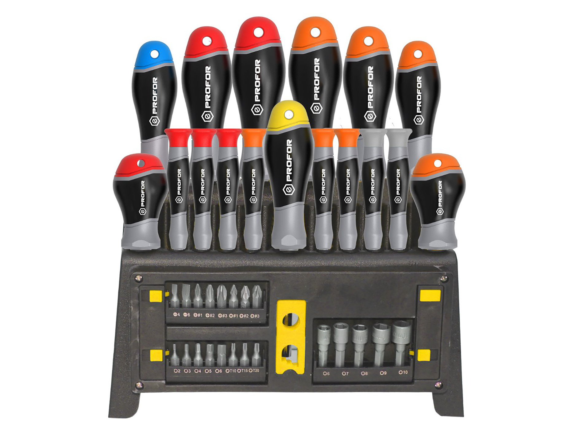 Jeu de 39 tournevis PROFOR avec embouts sur ratelier